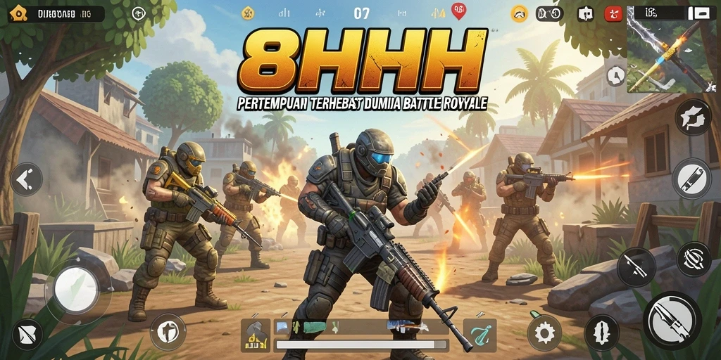 Screenshot dari gameplay 8HHH memperlihatkan aksi intens dalam pertempuran Battle Royale.