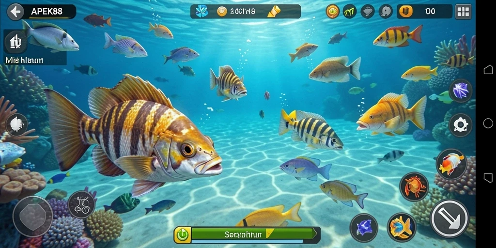 Tampilan gameplay APEK88 saat menembak ikan yang beragam.