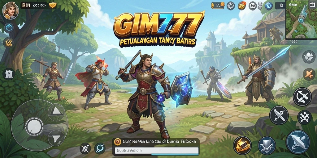 Screenshot gameplay GIM777 dengan pemandangan luas dan karakter penuh aksi.