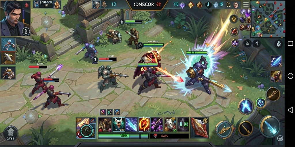 Tangkapan layar gameplay IDNSCORE yang menunjukkan aksi seru di arena MOBA.