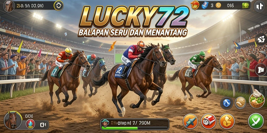 Tangkapan layar gameplay LUCKY72 yang menunjukkan momen balapan menegangkan.