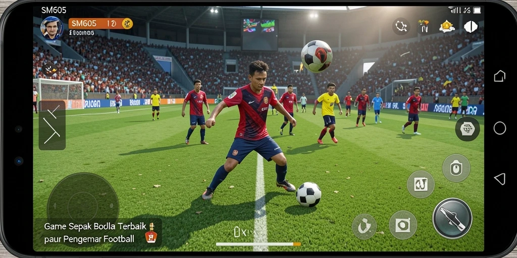 Screenshot gameplay SM605 yang menampilkan aksi seru di lapangan sepak bola.