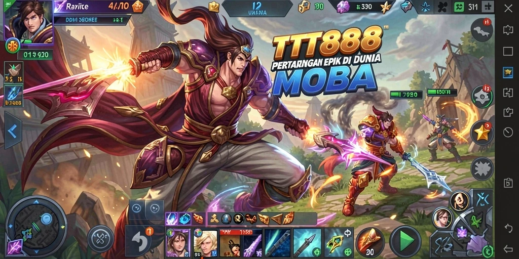 Screenshot TTT888 menampilkan pertempuran intens dalam permainan MOBA.