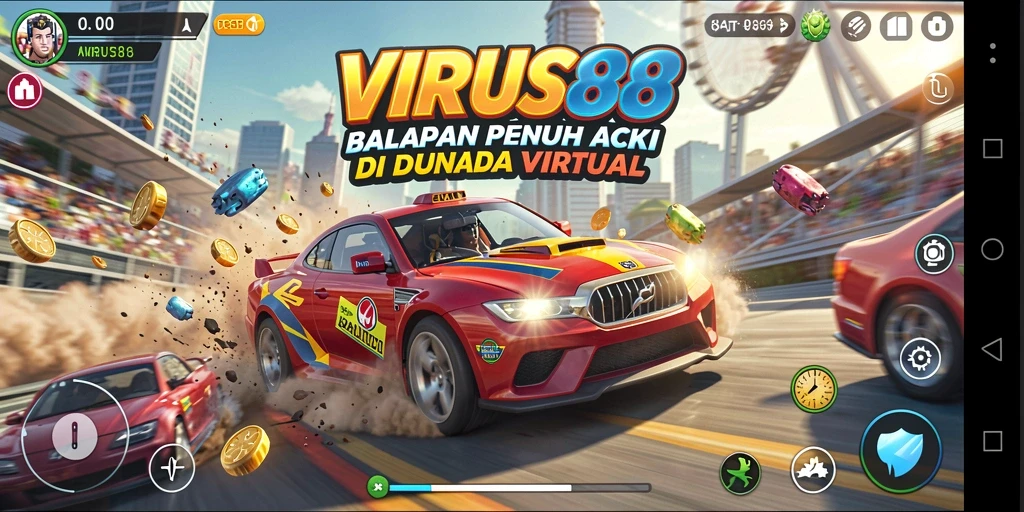 Tampilan gameplay balapan yang mendebarkan dalam VIRUS88.
