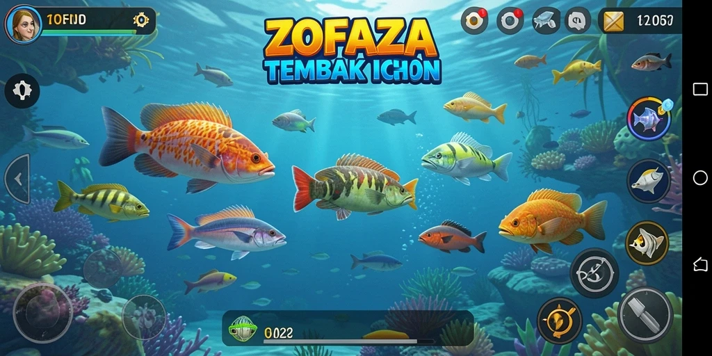 Tangkapan layar gameplay ZOFAZA dengan aksi menembak ikan.